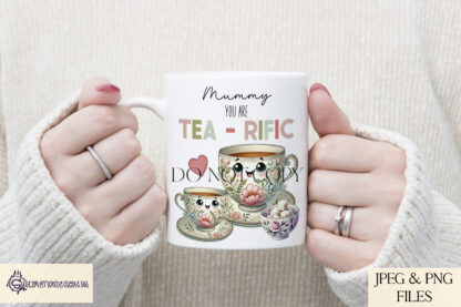 A Best Tea design set for mothers, featuring a floral teacup and saucer representing mother and child, alongside a pot of sugar cubes. Includes three wording variations. Comes in JPEG and PNG formats.