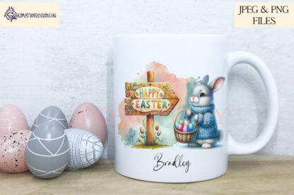 Happy Easter Cottage Bunnies Design Set featuring watercolour-style bunny illustrations with Easter eggs, available in Happy Easter and Easter Cottage variations.