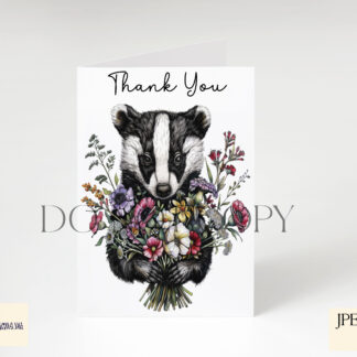 An Artistic Badger and Flower Sublimation Design Set, featuring six detailed badger and floral designs, including roses, sunflowers, poppies, daffodils, tulips, and a bouquet composition. Comes in JPEG and PNG formats.