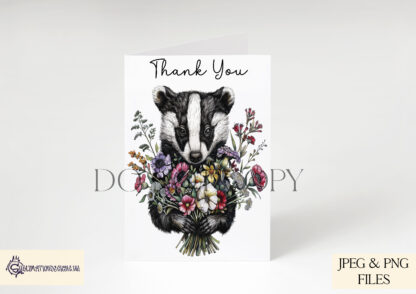 An Artistic Badger and Flower Sublimation Design Set, featuring six detailed badger and floral designs, including roses, sunflowers, poppies, daffodils, tulips, and a bouquet composition. Comes in JPEG and PNG formats.