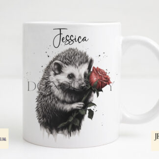 An Artistic Hedgehog and Flower Sublimation Design Set, featuring six detailed hedgehog and floral designs, including roses, sunflowers, poppies, daffodils, and bluebells. Comes in JPEG and PNG formats.