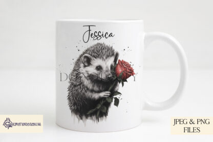 An Artistic Hedgehog and Flower Sublimation Design Set, featuring six detailed hedgehog and floral designs, including roses, sunflowers, poppies, daffodils, and bluebells. Comes in JPEG and PNG formats.