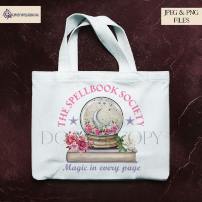 Spell Bookaholic Design Set featuring a pastel floral spellbook with a crystal ball, crescent moon, flowers, and stars, perfect for sublimation on tote bags, bookmarks, and mugs.