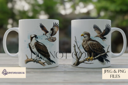 A Birds of Prey Sublimation Design Collection, featuring twelve raptor designs, each with a matching mug wrap. Includes Barn Owl, Tawny Owl, Buzzard, Sparrowhawk, Red Kite, Kestrel, White-tailed Eagle, Goshawk, Long-eared Owl, Little Owl, Peregrine Falcon, and Osprey. Comes in JPEG and PNG formats.