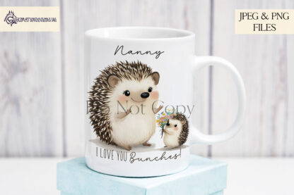 A Blooming Love Hedgehog design set, featuring a child hedgehog presenting flowers to an adult hedgehog with textless, "I Blooming Love You", and "I Love You Bunches" variations. Comes in JPEG and PNG formats.