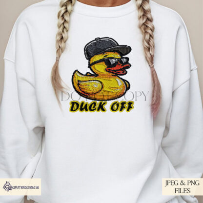 A fun Embroidery-Style Comedy Duck design set, featuring a cool rubber duck with a stitched embroidery effect. Includes textless and "Duck Off" versions. Comes in JPEG and PNG formats.