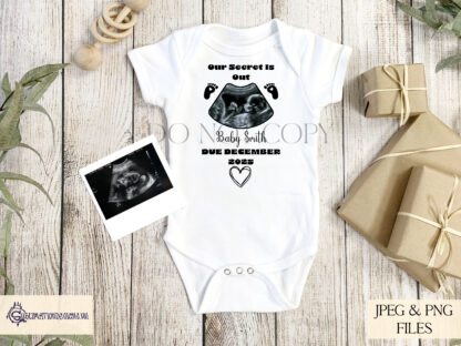 A New Baby Announcement Design Set, featuring space for a baby scan image with editable wording. Comes in Black, Blue, Pink, and Neutral Stone variations. Includes JPEG, PNG, PSD, and a how-to guide.