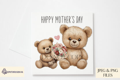 A Mother and Cub Flowers Design Set, featuring a child bear presenting flowers to an older bear with textless, "I Love You Beary Much", and "Happy Mother’s Day" variations. Comes in JPEG and PNG formats.