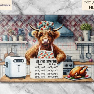 A Highland Cow Air Fryer Chef Design Set, featuring male and female Highland cows dressed as chefs, with blank and air fryer conversion sign variations. Comes in JPEG and PNG formats.