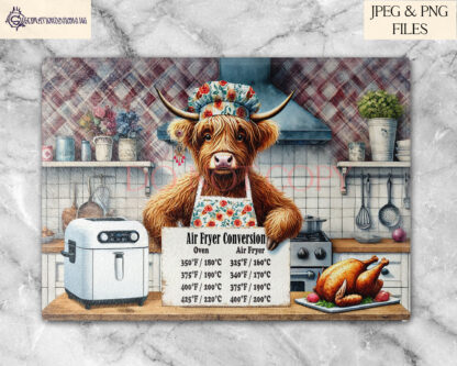 A Highland Cow Air Fryer Chef Design Set, featuring male and female Highland cows dressed as chefs, with blank and air fryer conversion sign variations. Comes in JPEG and PNG formats.