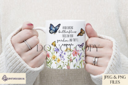 An inspirational Chasing Butterflies Motivational Design Set, featuring a floral and butterfly-framed quote. Includes four templates (Mug Wrap, Resizable Square, Skinny Tumbler, Bookmark). Comes in JPEG and PNG formats.