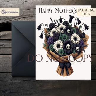 A Gothic Bouquet with Skulls Design Set, featuring skulls among flowers with a blank tag for name customisation. Includes three variations. Comes in JPEG and PNG formats.