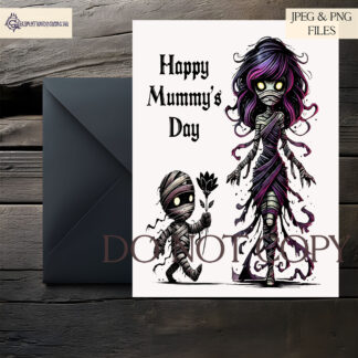 A Comedy Mummy and Child Design Set, featuring a mummy with a child holding a black flower, available in textless and "Happy Mummy’s Day" variations, with child options with and without a hairbow. Comes in JPEG and PNG formats.