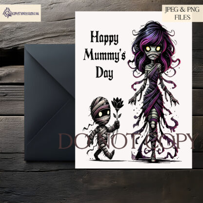 A Comedy Mummy and Child Design Set, featuring a mummy with a child holding a black flower, available in textless and "Happy Mummy’s Day" variations, with child options with and without a hairbow. Comes in JPEG and PNG formats.