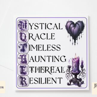 A Gothic Mother Acrostic Design Set, featuring a dark and mystical acrostic wording, available in black and purple variations. Comes in JPEG and PNG formats.