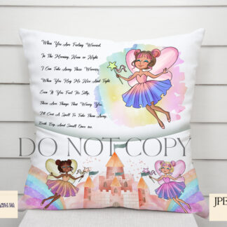 A Worry Fairy Cushion & Pocket Pillow Design Set, featuring six fairies and a bottom design with exclusive wording. Comes in JPEG and PNG formats.