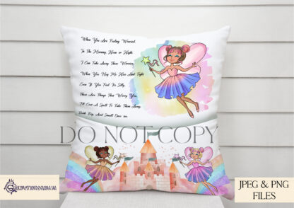 A Worry Fairy Cushion & Pocket Pillow Design Set, featuring six fairies and a bottom design with exclusive wording. Comes in JPEG and PNG formats.