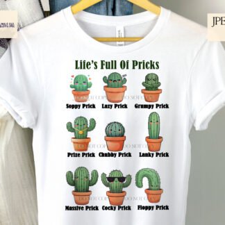 A Comedy Cactus Prick Design Set, featuring 10 unique cartoon cactuses with funny names, a mug wrap, and two T-shirt designs. Comes in JPEG and PNG formats.