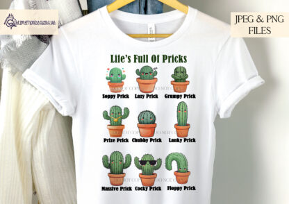 A Comedy Cactus Prick Design Set, featuring 10 unique cartoon cactuses with funny names, a mug wrap, and two T-shirt designs. Comes in JPEG and PNG formats.