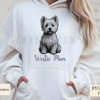 An Embroidered Style West Highland Terrier Design Set, featuring two detailed Westie images and extra wording PNGs for pet parents. Comes in JPEG and PNG formats.