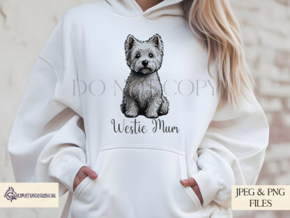 An Embroidered Style West Highland Terrier Design Set, featuring two detailed Westie images and extra wording PNGs for pet parents. Comes in JPEG and PNG formats.