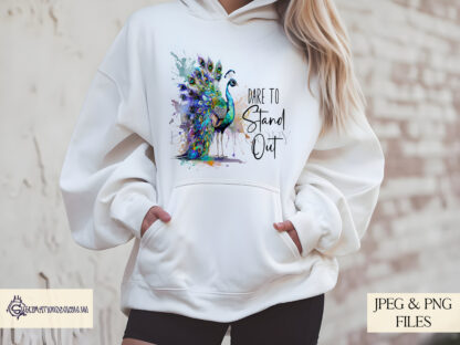 A Peacock Positivity Design Set, featuring a paint splash peacock with two motivational quotes. Comes in JPEG and PNG formats.