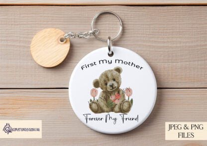 An Embroidered Tulip Teddy Bear Design Set, featuring a teddy bear holding tulips with two heartfelt message options. Comes in JPEG and PNG formats.