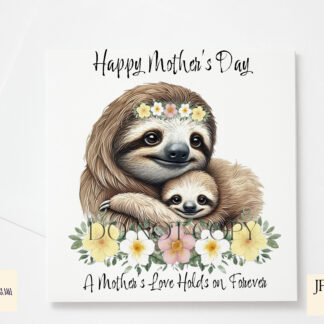 A mother and baby sloth design set featuring heartfelt messages and adorable wildlife elements. Includes textless, "A Mother’s Love Holds on Forever", and "Ultimate Hugger Since Day One" variations. Comes in JPEG and PNG formats.