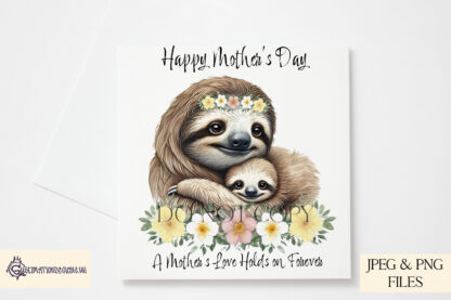 A mother and baby sloth design set featuring heartfelt messages and adorable wildlife elements. Includes textless, "A Mother’s Love Holds on Forever", and "Ultimate Hugger Since Day One" variations. Comes in JPEG and PNG formats.