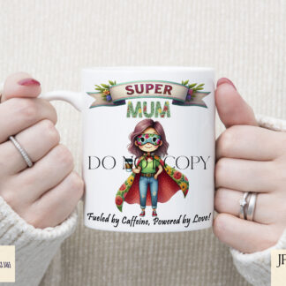 Superhero Mum Clip Art Set featuring superhero mums in floral capes, banners, floral name variations, and fun coffee-fuelled wording, perfect for sublimation on keyrings, mugs, and cards.