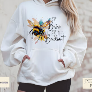 A Bee Positivity Design Set, featuring a paint-splash bee with two motivational quotes. Comes in JPEG and PNG formats.