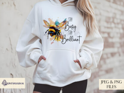 A Bee Positivity Design Set, featuring a paint-splash bee with two motivational quotes. Comes in JPEG and PNG formats.