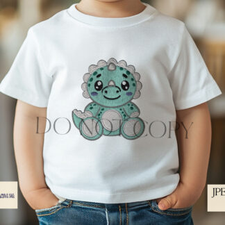 A hand-drawn embroidered-style baby dinosaur design set, featuring blue, pink, and green variations. Comes in JPEG and PNG formats.