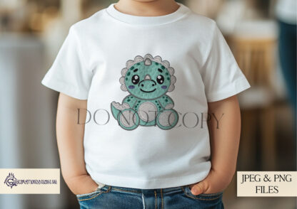 A hand-drawn embroidered-style baby dinosaur design set, featuring blue, pink, and green variations. Comes in JPEG and PNG formats.