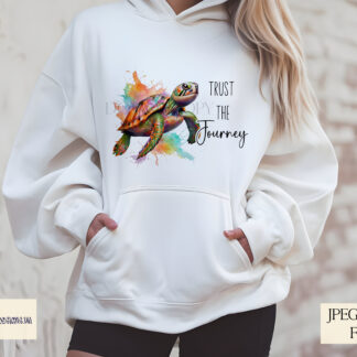 A Turtle Positivity Design Set, featuring two motivational quotes: "Trust the Journey" and "Slow Progress is Progress". Comes in JPEG and PNG formats.