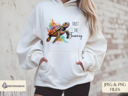 A Turtle Positivity Design Set, featuring two motivational quotes: "Trust the Journey" and "Slow Progress is Progress". Comes in JPEG and PNG formats.