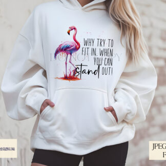 A Flamingo Positivity Design Set, featuring two motivational quotes: "Make a Splash & Stand Out" and "Why Try to Fit In When You Can Stand Out". Comes in JPEG and PNG formats.