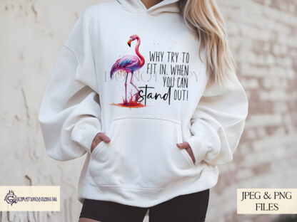 A Flamingo Positivity Design Set, featuring two motivational quotes: "Make a Splash & Stand Out" and "Why Try to Fit In When You Can Stand Out". Comes in JPEG and PNG formats.