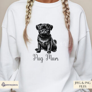 A Pug Parents Clip Art Set, featuring three embroidered-style pugs (black, white, and fawn) and six worded PNG options. Comes in JPEG and PNG formats.