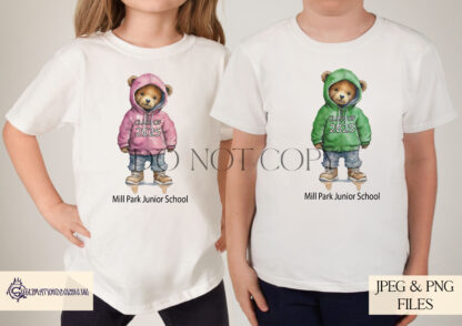 A School Leavers Teddy Bear Clip Art Bundle, featuring a Class of 2025 hoodie in 16 colours, editable PSD file, stack of books, and chalkboard elements. Comes in JPEG, PNG, and PSD formats.