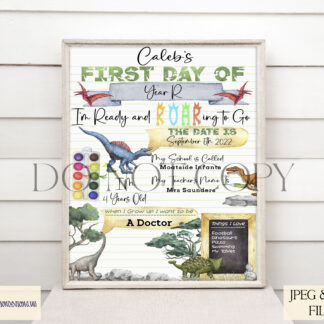 A Personalised Dinosaur First Day of School Design Set, featuring four customisable A4 templates for first-day milestones with "I'm Ready & Roaring to Go!" wording. Comes in JPEG and PNG formats.