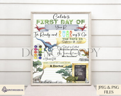 A Personalised Dinosaur First Day of School Design Set, featuring four customisable A4 templates for first-day milestones with "I'm Ready & Roaring to Go!" wording. Comes in JPEG and PNG formats.