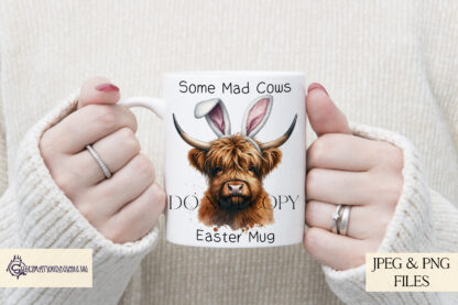 Highland Cow Easter Bunny Ears Design featuring a rustic Highland cow wearing playful bunny ears, perfect for sublimation on mugs, cushions, and apparel.