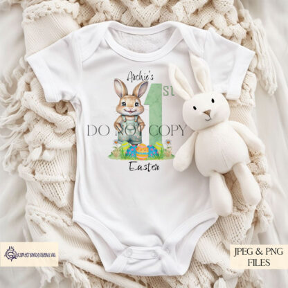 A My First Easter Boy Bunny in Dungarees design set, featuring textless and "1st" variations for personalisation. Comes in JPEG and PNG formats.