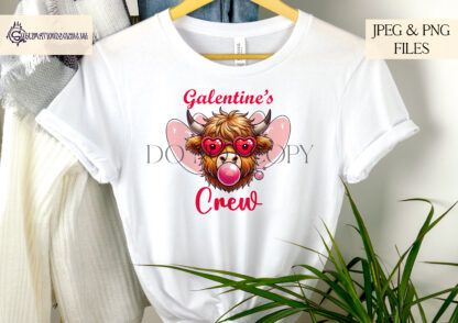 Highland Cow Galentine’s Day Design Set featuring a Highland cow blowing a bubble, wearing pink heart sunglasses, perfect for sublimation on T-shirts, mugs, and tote bags.