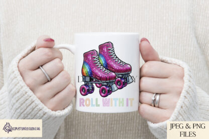 Retro Roller Skates Design Set featuring a sparkling pink pair of roller skates with a rainbow-patterned heel, available in textless and "ROLL WITH IT" variations, perfect for sublimation on T-shirts, mugs, and keyrings.