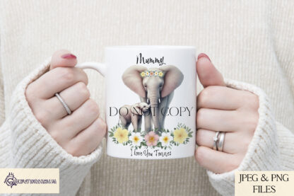 A mother and baby elephant design set featuring floral elements and heartfelt messages. Includes textless, "I Love You Tonnes", and "A Mother's Love Is The Biggest Of All" variations. Comes in JPEG and PNG formats.