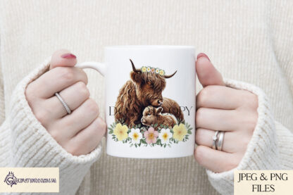 A mother and baby Highland cow design set featuring floral elements and heartfelt messages. Includes textless, "A Mother’s Love Is the Warmest of All", and "A Mother’s Love Is the Cosiest Place to Be" variations. Comes in JPEG and PNG formats.