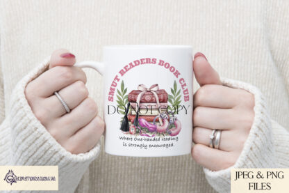 Smut Readers Book Club Design Set featuring a floral book stack with handcuffs, massage oil, whip, and blindfold, perfect for sublimation on tote bags, bookmarks, mugs, and T-shirts.