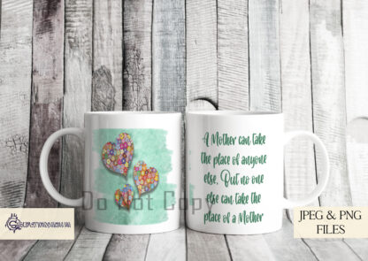 A 12-piece Mother’s Day Mug Wrap Set, featuring floral heart designs with brushstroke backgrounds in teal, pink, and grey. Includes four sentimental message options. Comes in JPEG and PNG formats.